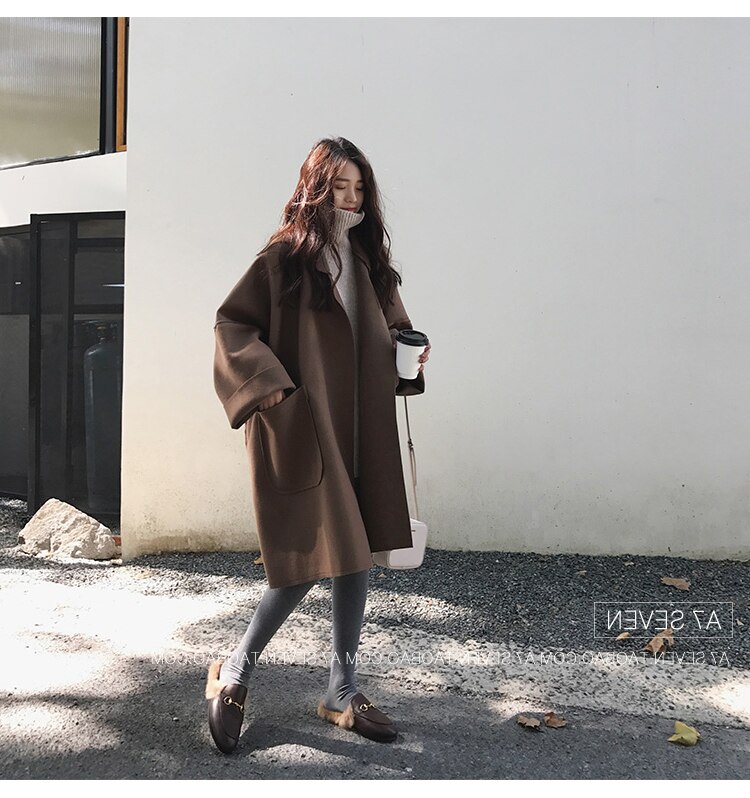 Vinterfrakker til gravide i koreansk stil plus størrelse turn-down krave langærmede flagermusjakker gravide kvinder uldent udtøj: Kamel / Xxl