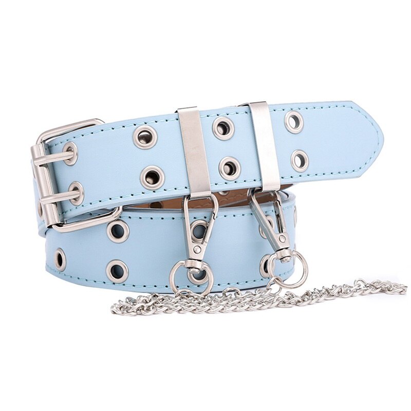 Vrouwen punk ketting riem verstelbare dubbele/enkele rij gat oogje tailleband met oogje ketting decoratieve riemen: Blauw en ketting