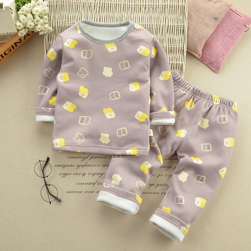 2Pcs/set Baby Homewear Thermal Underwear Kids Cartoon Warm Underwear Children's Plus Velvet Pajamas Winter thicken Warm Clothes: Light Purple / 100cm