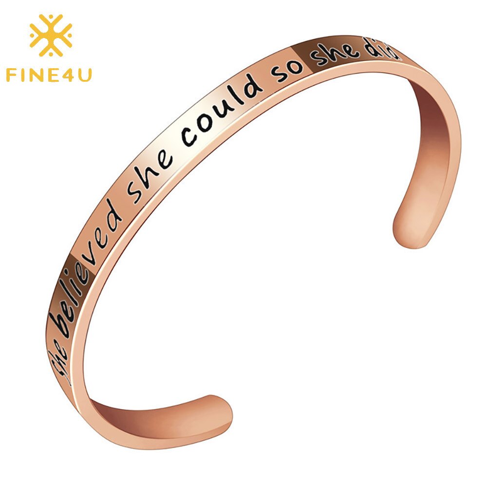 FINE4U B433 Inspirational Bracelet Cuff Bangle for Best Friend Sister Mantra Quote Stainless Steel Engraved Motivational Jewelry