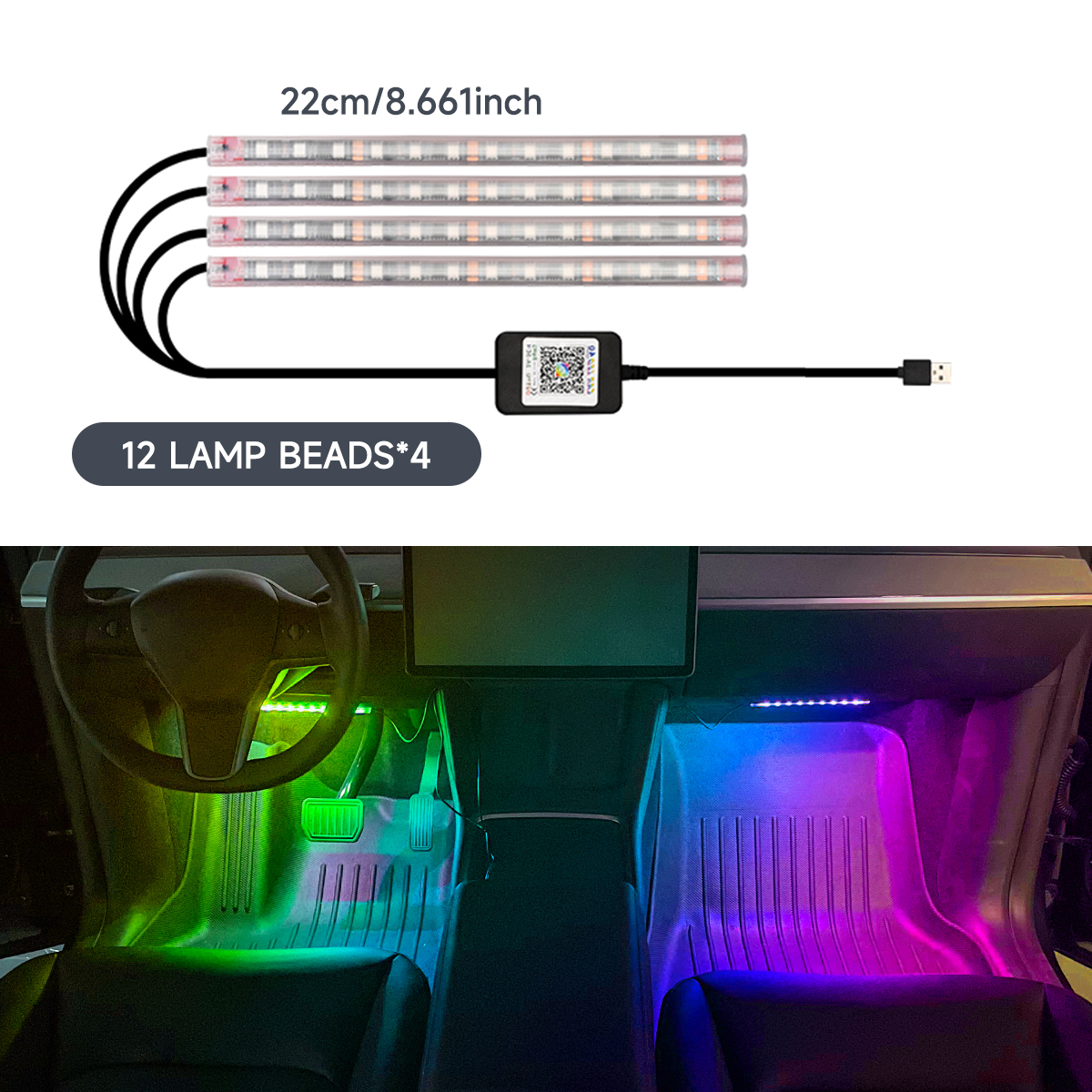 Luz LED Interior 4 en 1 de 5V-12V RGB, lámpara LED para coche, luz para pie, decoraciones para coche, control por aplicación, luz de ambiente de ritmo dinámico: Cristal azul