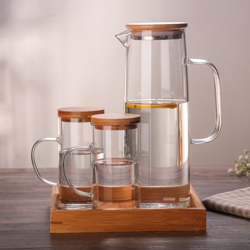 1000ml théières en verre de grande capacité en verre borosilicate résistant à la chaleur bouilloire froide jus lait thé tasse avec couvercle en bambou