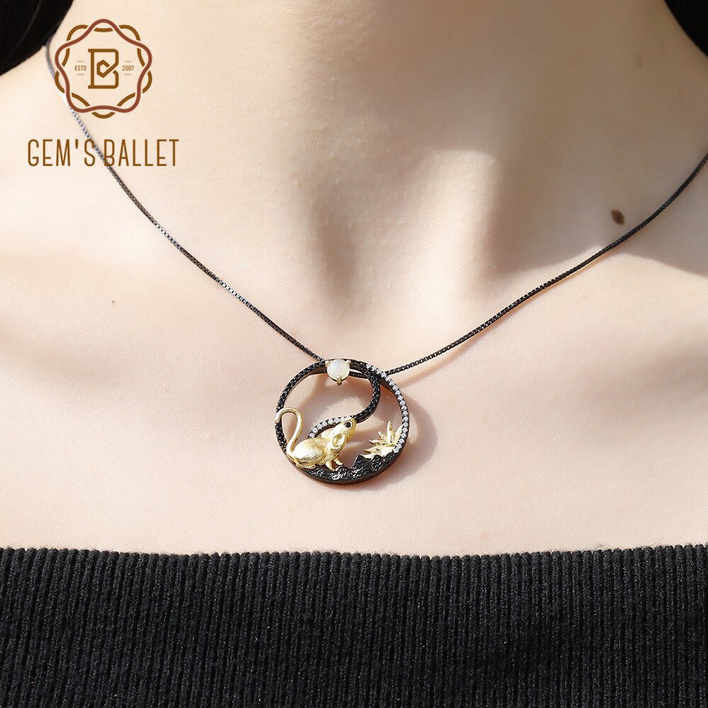 GEM'S BALLET Chinese Zodiac Rat Pendant Necklace For Women Natural African Opal 925 Sterling Silver Yin and Yang Animal Jewelry