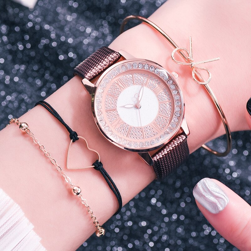 Dames leren sporthorloges quartzhorloges dames polshorloge dameshorloge met strass en armband: Leren koffieset