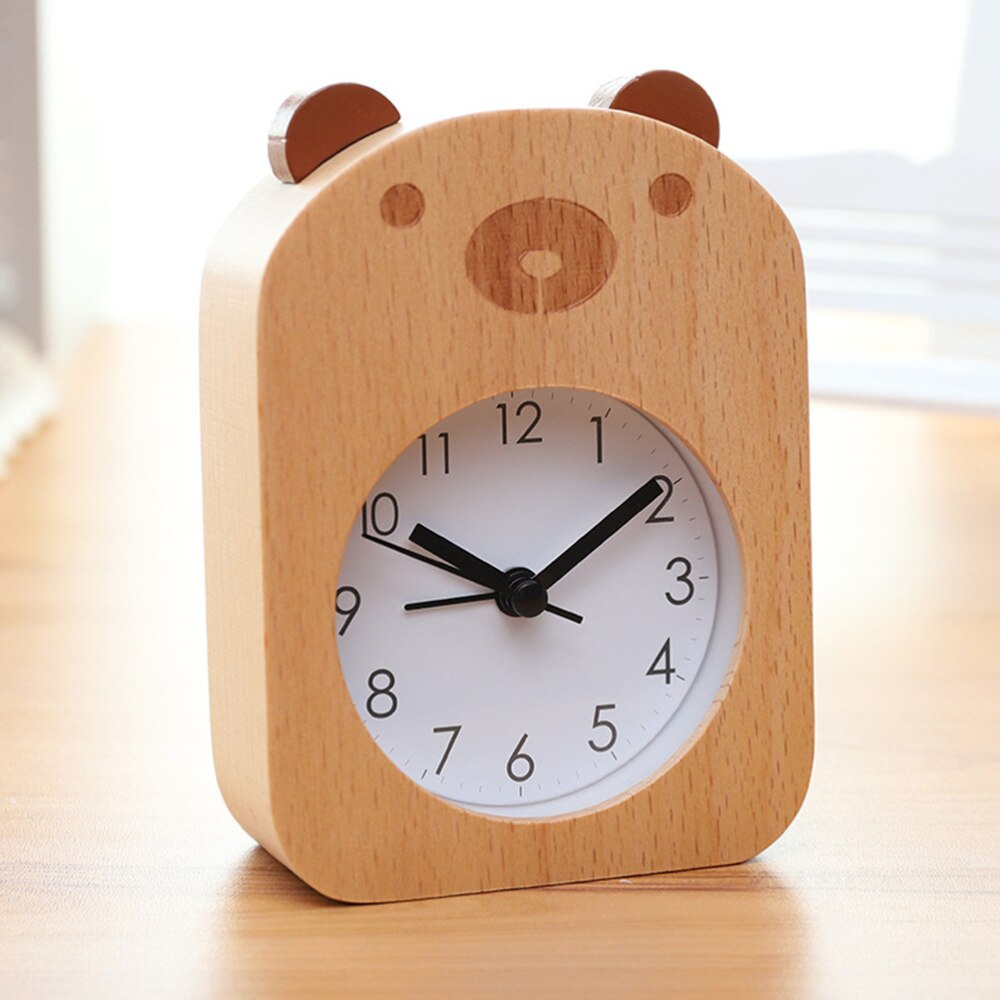 Beech Table Clock Bear Pattern Mute Alarm Clock Mechanical Clock for Student Worker without Battery