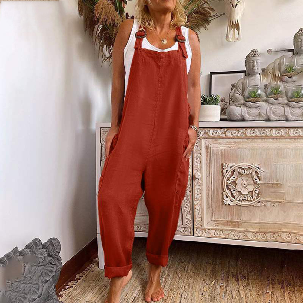 Cotton Blend Jumpsuit Women Summer Casual Solid Overalls Bodysuits Oversized Wide Leg Pants Female Clothing Streetwear Rompers: 4XL / CORAL RED