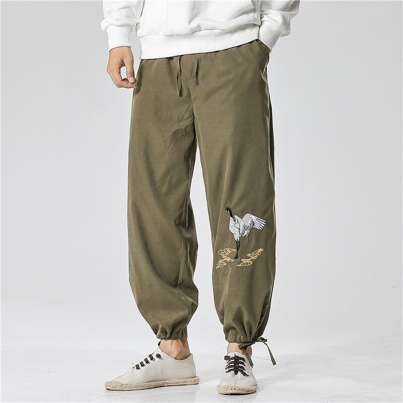 Traditional Chinese Pants Men Clothing Casual Vintage Trousers Embroidery Red-Crowned Crane Kimono Harem Pants KK3260