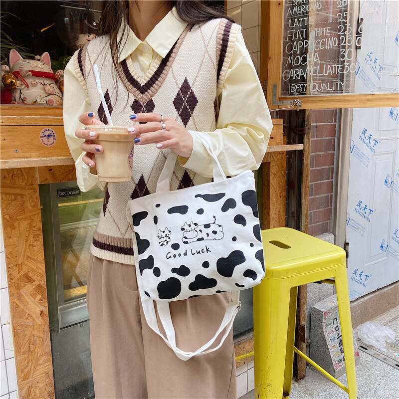 Cute Cartoon Cow Canvas Tote Bag for Women Female Student Shoulder Crossbody Bag Small Woman Purses and Handbags Single