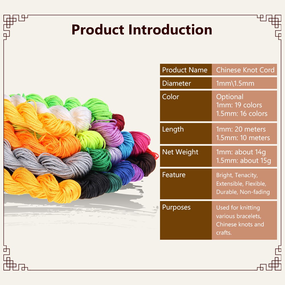 20M Shamballa Beads Bracelet Thread 1mm Polyester Cord Chinese Knot Macrame Rattail Cord For DIY Jewelry Findings