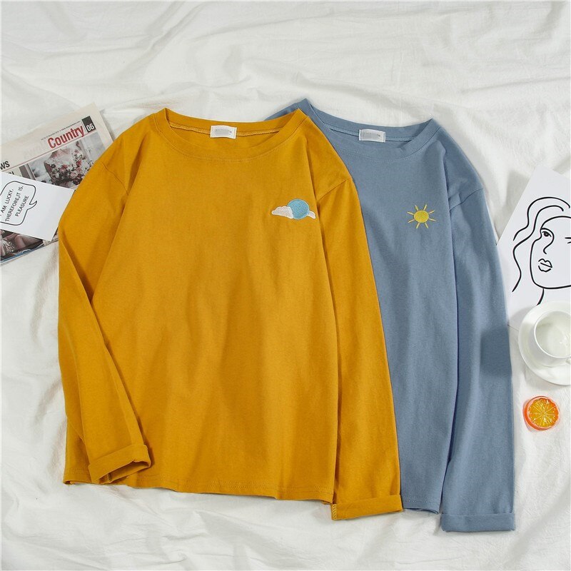 Kvinder tegneserie broderi t-shirts harajuku enkel t-shirt efterår lange ærmer afslappet løs t-shirt studerende sjove t-shirt toppe