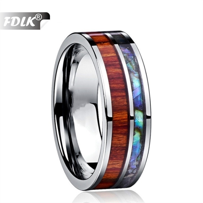 FDLK Schmuck 8mm Holz Koa Hawaiian und Abalone Shell Edelstahl Ringe für Männer Comfort Fit Ring