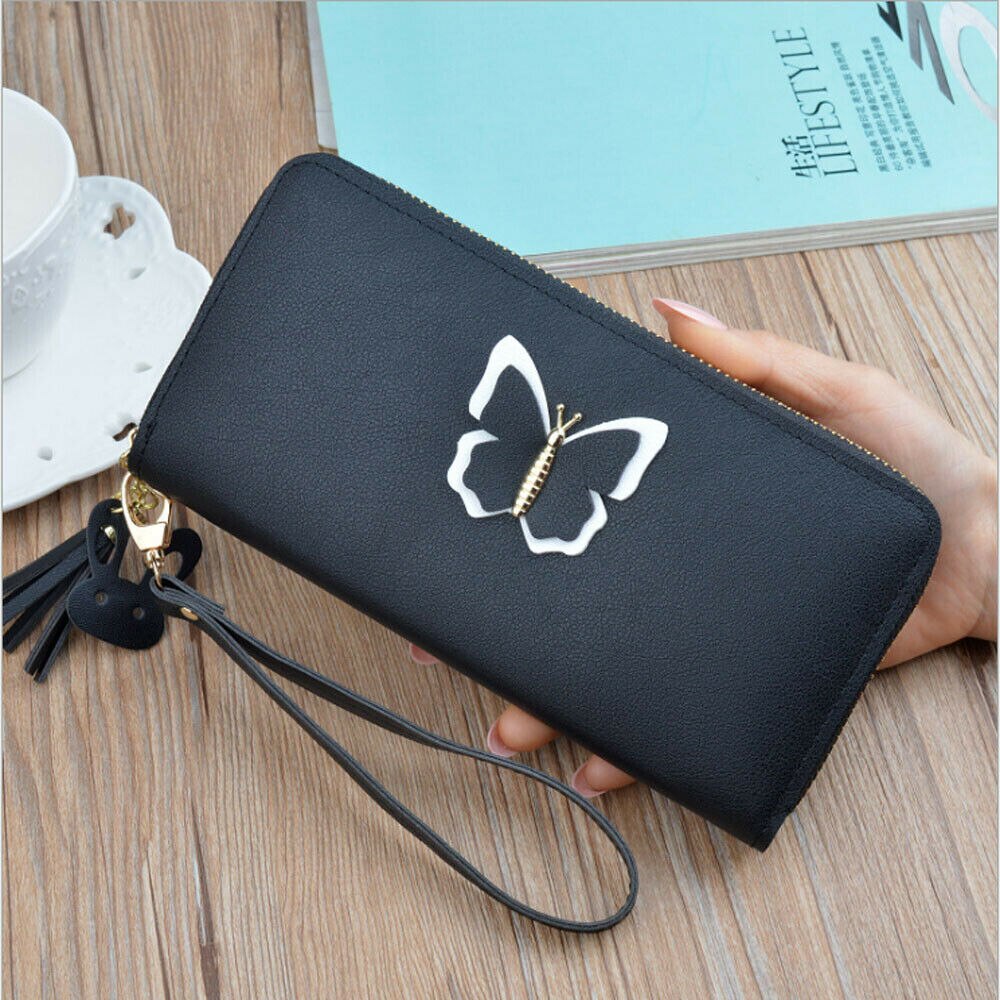 Frauen Dame Zipper Leder Brieftasche Lange Karte Halter Telefon Tasche Fall Geldbörse Handtasche: Black