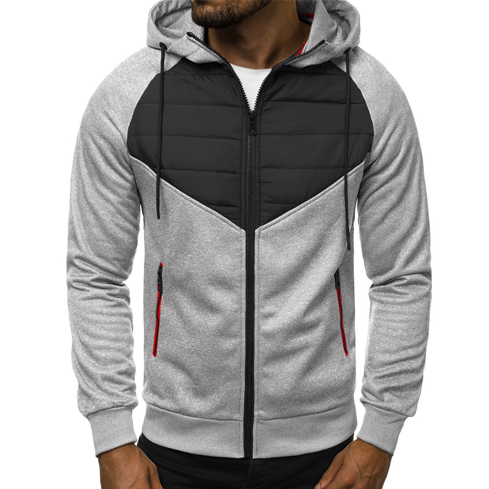 Men Autumn Hoodie, Splicing Hooded Long Sleeve Zip-Up Sport Jacket with Pockets for Boys, 3 Colors: L / C