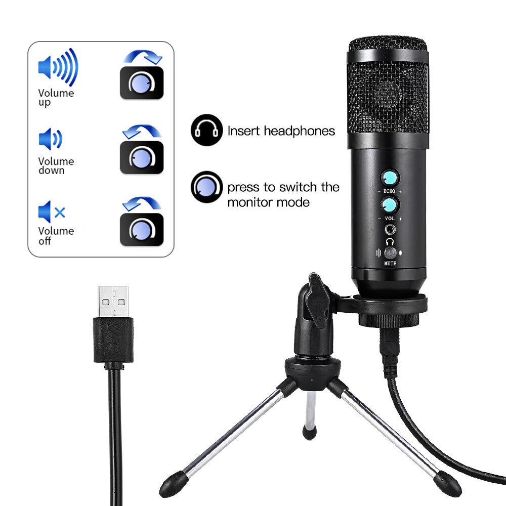 USB Condenser Microphone Kit With Tripod Stand Microfone Cardioid Studio Recording Live KTV Karaoke Microphone for PC Computer