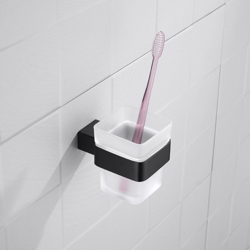 Toothbrush Holder Toothbrush Glass Cup Home Hotel Toilet Frosted Glass Cup Square Stainless Steel Wall Mounted Bathroom