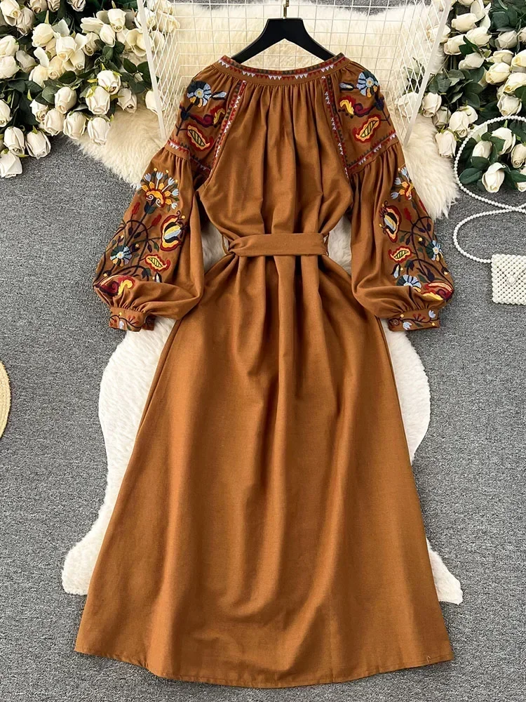 Boho-Kleid für Damen, Jahrgang-Stil, Ethno-Stil, Laterne, langärmelig, bestickt, Rundhalsausschnitt, schmales A-Linien-Kleid aus Baumwolle und Leinen