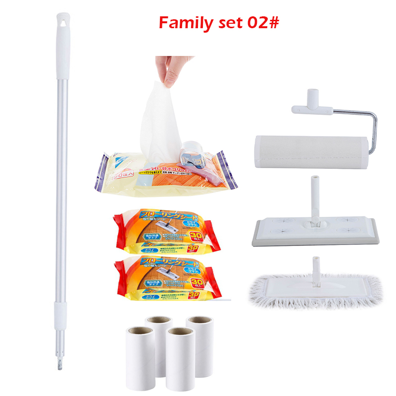 Fregona plana multifuncional 3 en 1, removedor de pelo de suelo, mopa electrostática seca con juego de limpieza de papel, herramienta de limpieza doméstica: Family set 02