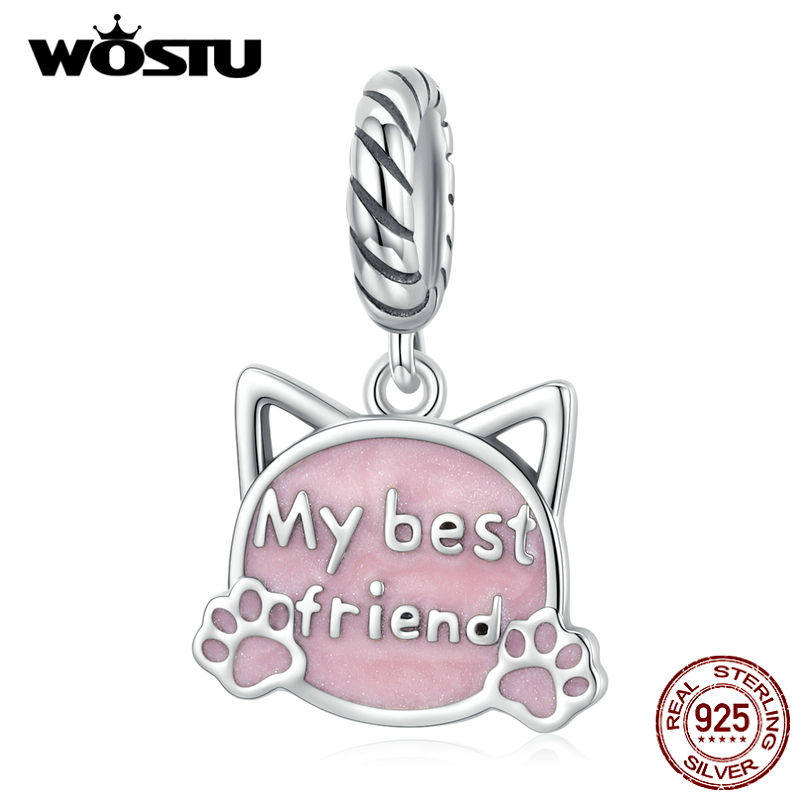 WOSTU argento Sterling 925 gatto rosa scritta il mio migliore amico fascino perline misura braccialetto originale gioielli fai da te CTC519