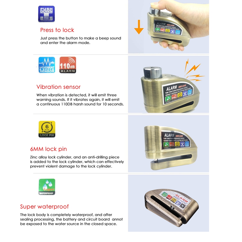 Alarm Lock Waterproof Motorcycle Alarm Lock Bike Lock Security Anti-Theft Lock Moto Disc Brake Ock Auto Parts