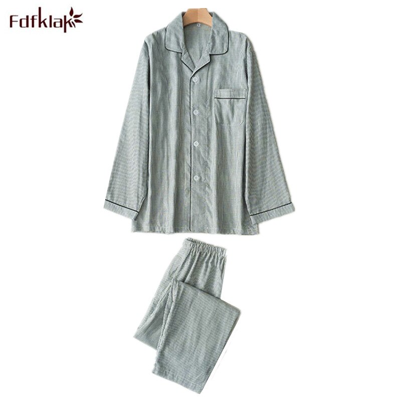 Men Pajamas Home Wear Long Sleeve Trousers Pyjama Cotton Sleepwear Set Double-layer Yarn Breathable Spring Autumn pijama hombre