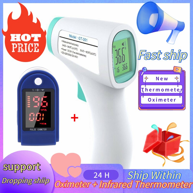 Fingertip Pulse Oximeter Blood Oxygen Saturation Monitor LED Digital SpO2 Monitor+Infrared Thermometer Forehead Thermometer