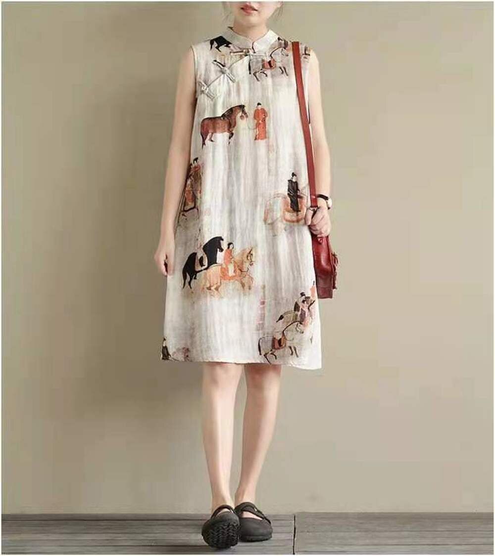 2022 Loose Chinese Dress Sleeveless Chinese Women Cheongsam Dress Linen Qipao Chinese Traditional Dress Long Dress Qipao: sleeveless / XXL