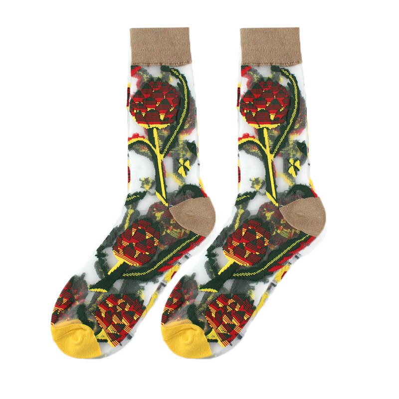 Creatieve Grappige Zonnebloemen Harajuku Product Kristal Zijde Tij Socksvines Bloemen Gelukkige Vrouwen Sokken Casual Sox: brown