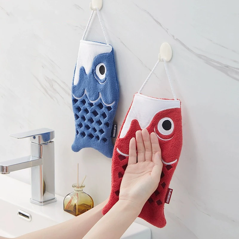 Toalla de mano colgante con forma de Koi de dibujos animados para el hogar, baño, pañuelo súper absorbente para niños, toalla de mano cuadrada para cocina