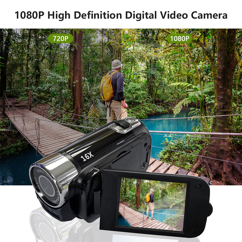 Videocamera digitale ad alta definizione portatile 1080P videocamera DV 16MP schermo LCD da 2.7 pollici Zoom digitale 16X batteria integrata