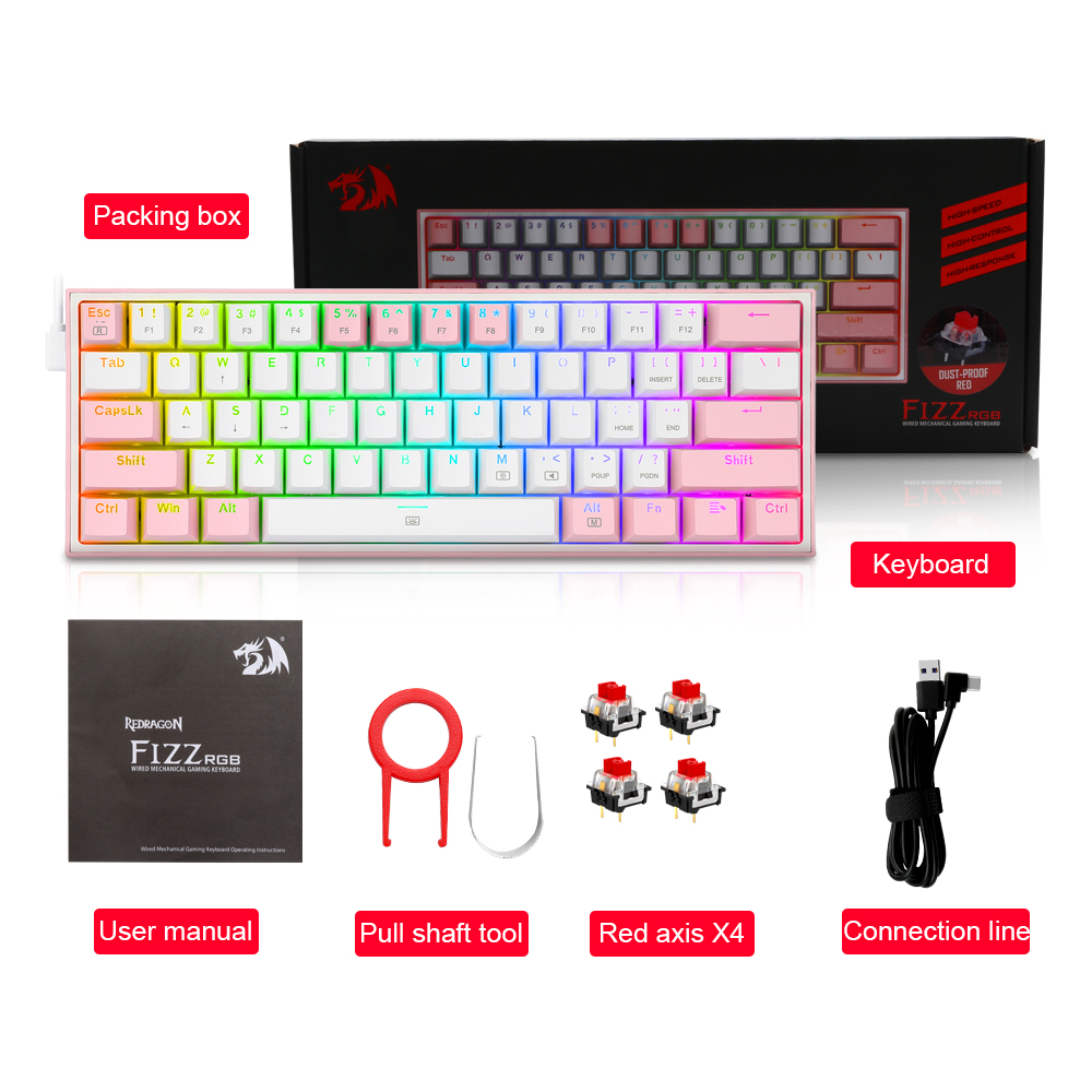 Redragon Fizz K617 Rgb Usb Mini Mechanische Gaming Toetsenbord Rood Schakelaar 61 Toetsen Bedrade Afneembare Kabel, Draagbare Voor Reizen