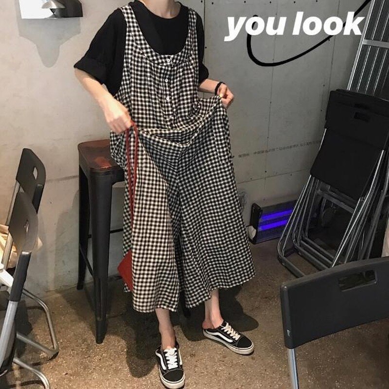 Vrouwen Jumpsuits Plaid Oversize Wijde Pijpen Enkele Breasted Grote Zak Zoete Leuke Koreaanse Stijl College All-Match Bf leisure