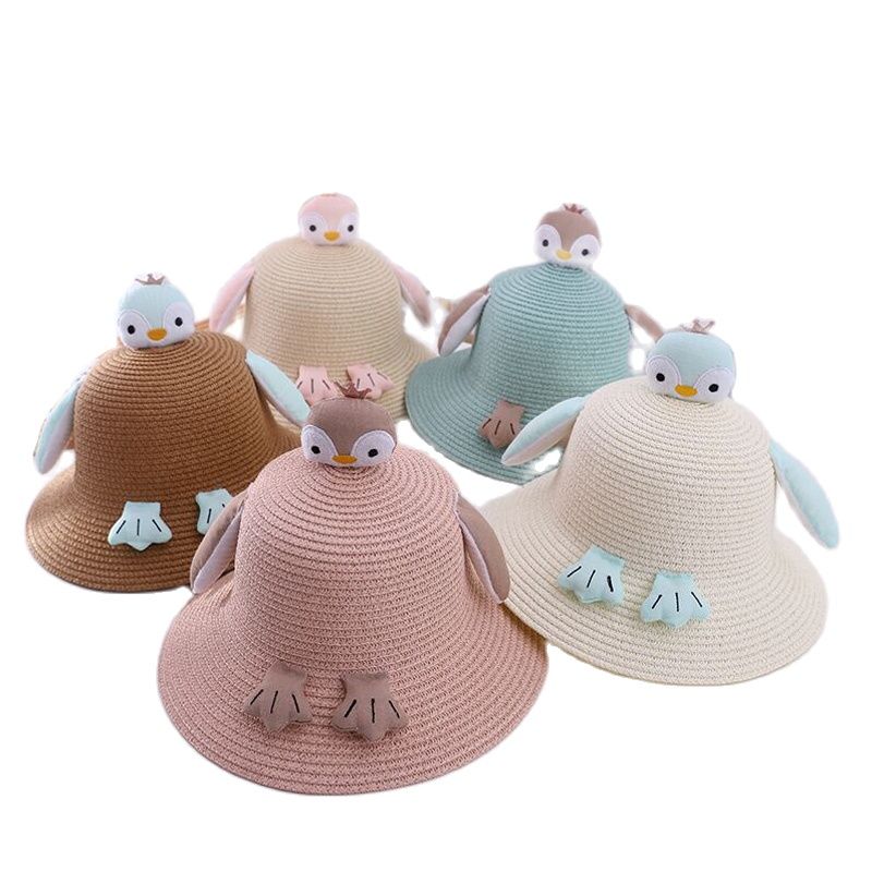 Xeongkvi Europa Amerika Cartoon Pinguïn Kinderen Zonnehoed Lente Zomer Strand Brede Rand Kid Stro Hoeden Voor Jongen Meisje