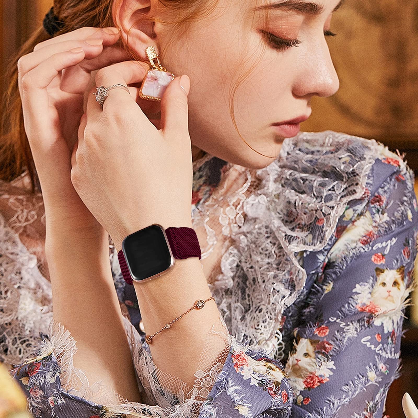 5 -pakning med rem til fitbit versa 2 1 versa lite-rem, justerbar elastisk vevd nylonløkke, sportsklokkerem, fitbit føle-rem