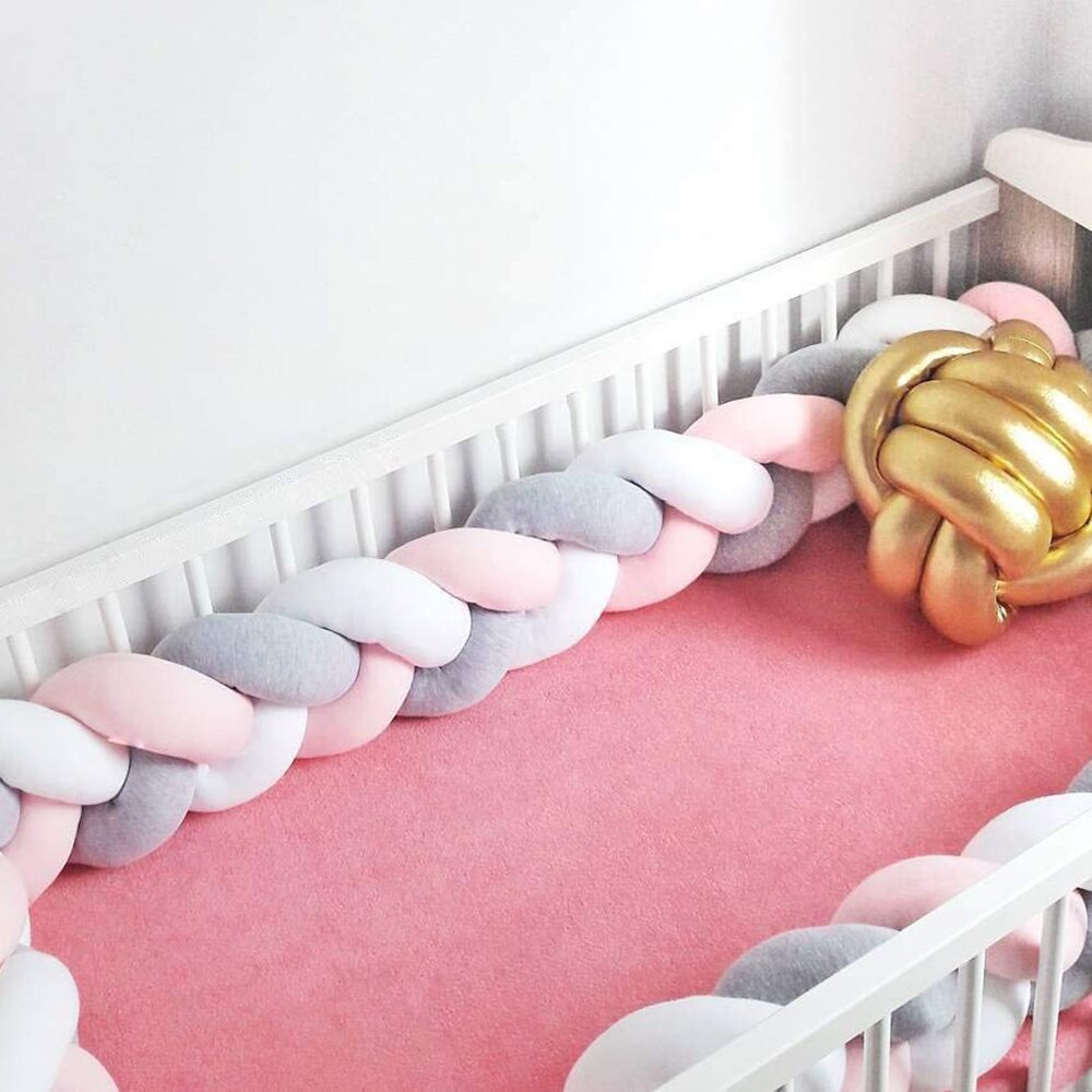 Baby Crib Bumper Knotted Braided Plush Nursery Cradle Decor Newborn Pillow Cushion Junior Bed Sleep Bumper (2 Meters, Whi