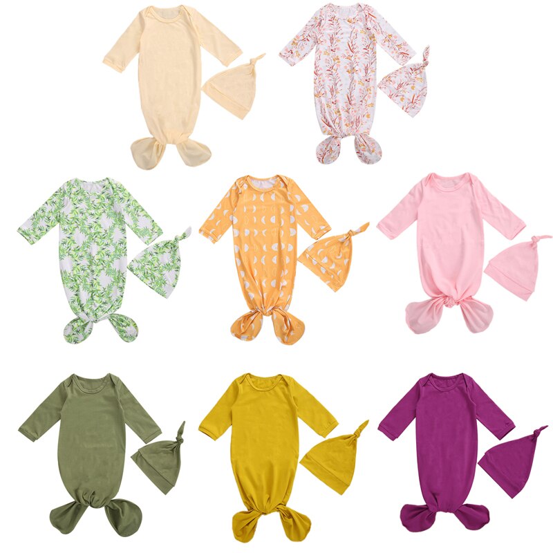 0-6M infantile -né bébé fille garçon dormir barboteuse à manches longues imprimé combinaison chapeau 2 pièces tenues ensemble 8 couleurs