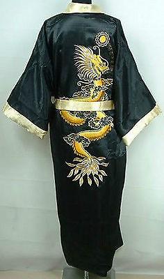 Double-Side Embroidery Dragon Men Satin Kimono Robe Gown Black Red Reversible Bathrobe Casual Nightwear Sleepwear With Belt