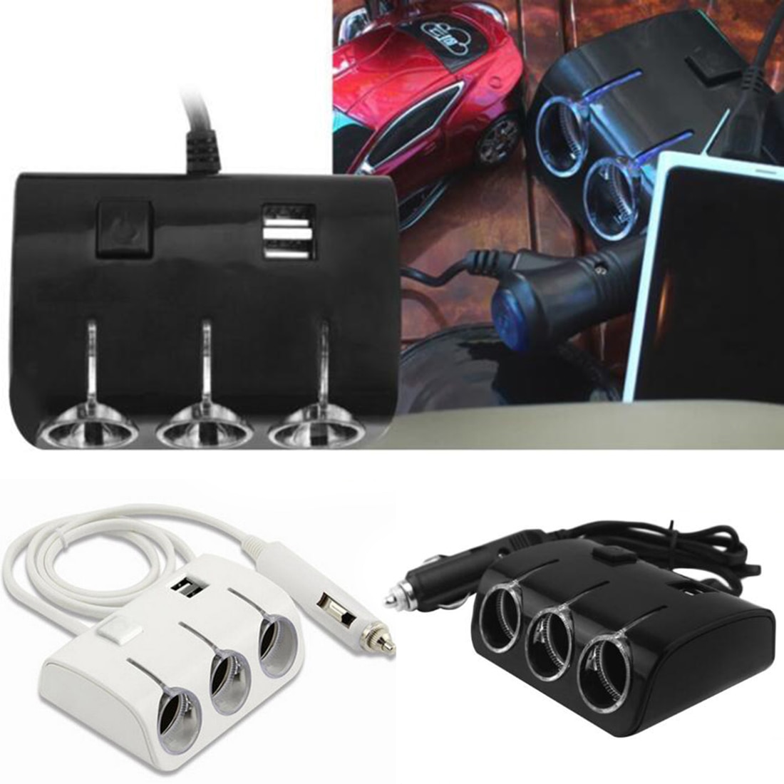 Dewtreetali 3 stopcontacten 120w auto sigarettenaansteker splitter 2 usb poorten oplader adapter met schakelaar