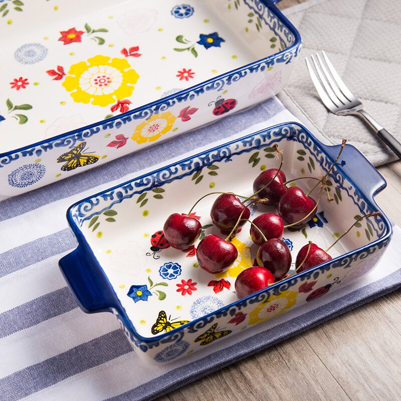 Rectangular Binaural Ceramic Bowl Cheese Baked Rice Tray Export Ceramic Baking Oven Household Utensils Tableware Set