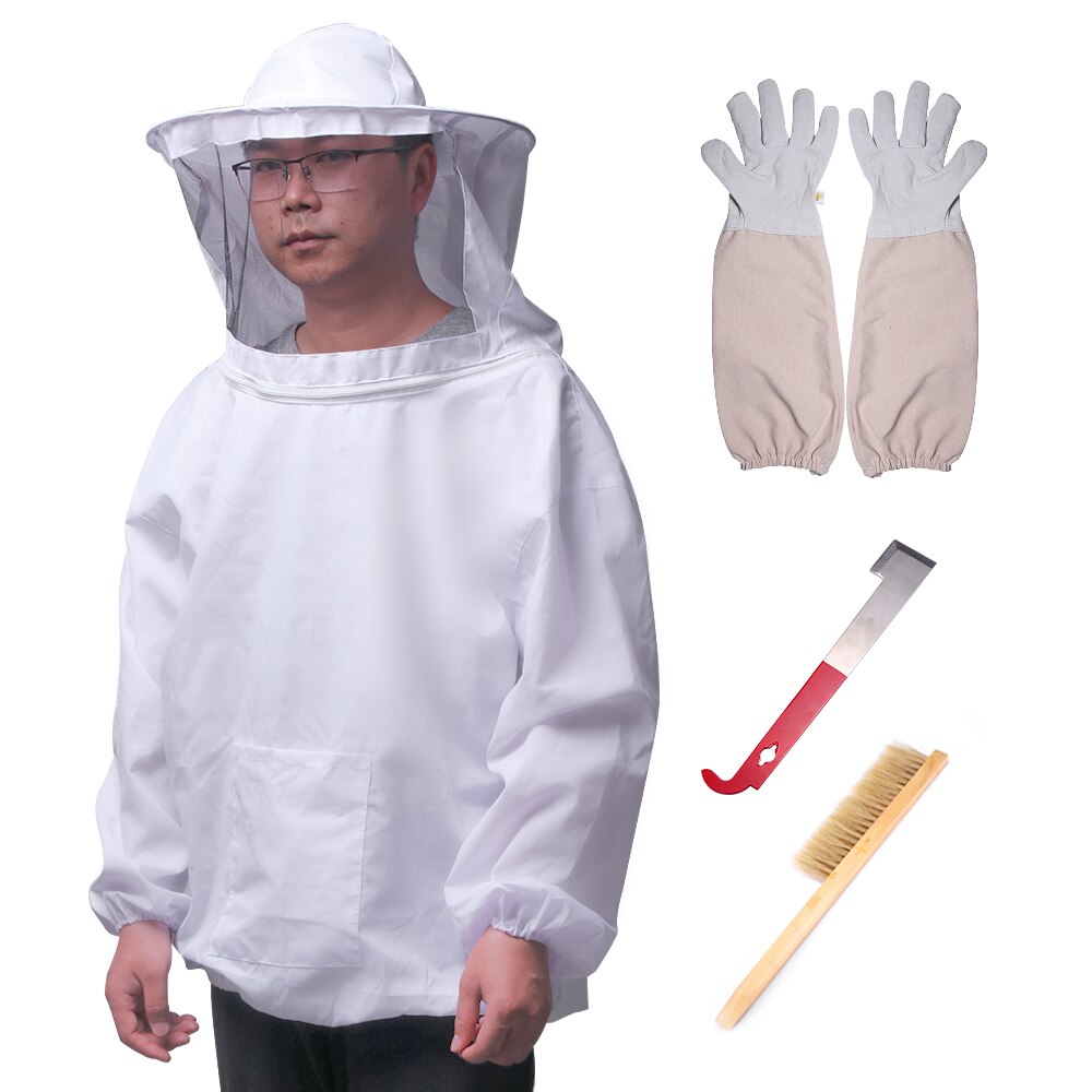 4 unids/set herramienta de equipo de apicultura chaqueta transpirable velo guantes de manga larga nido de abeja cepillo velo conjunto de jardín herramienta traje