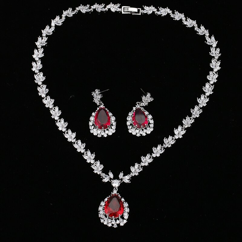 Amc Luxe Grote Rode Water Ketting En Oorbellen Set Zirkoon Bruids Bruiloft Banket Sieraden Accessoires Voor Vrouwen