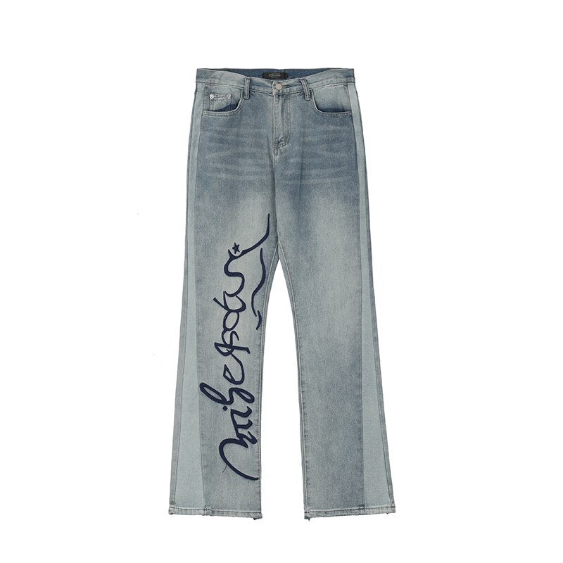 Harajuku – jean déchiré pour hommes et femmes, coupe trouée, lettre rétro, décontracté, poches délavées, droit, Baggy, pantalon en Denim, Streetwear: Bleu / Asian XL