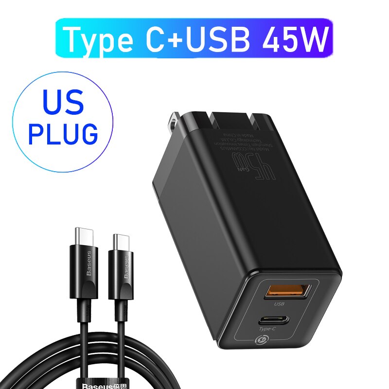 Baseus Gan Lader 45W Pd Usb Charger Quick Charge 4.0 3.0 Dual Usb Telefoon Oplader Forip Voor Huawei Mate 10 Voor Samsung Laptop: 1C1U Black US