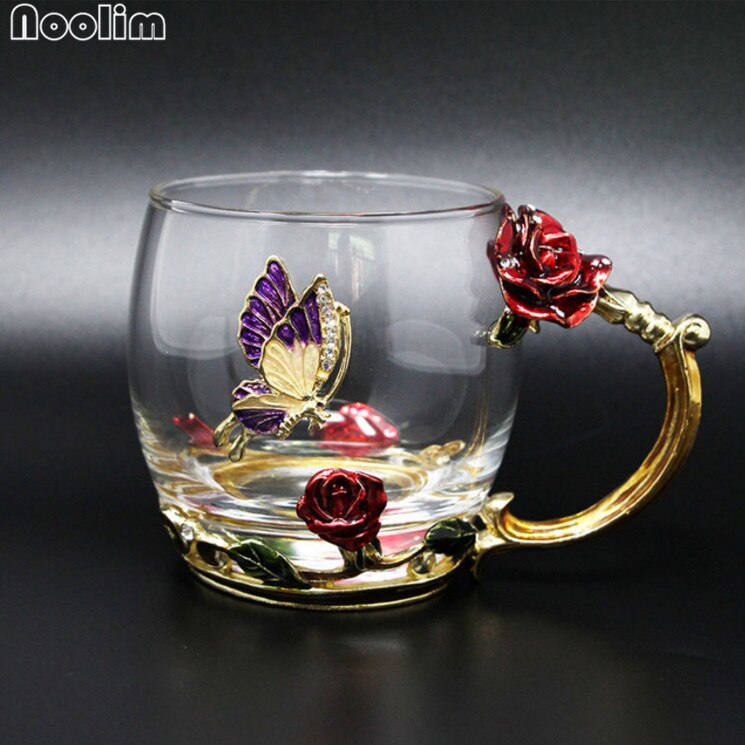 Noolim vintage emalje glas kopper blå og rød rose håndgreb stil med en sommerfugl på kroppen af glasset: Rød kort
