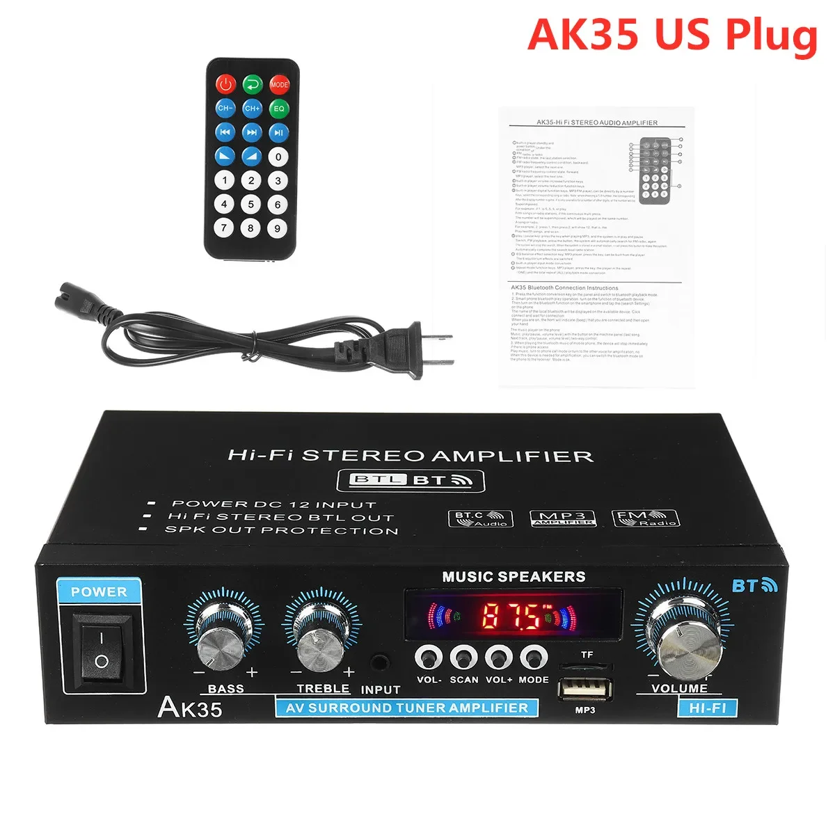 AK35 380 800W Home Digital Amplifiers Audio 110-240V Bass Audio Power bluetooth Amplifier Hifi FM Auto Music Subwoofer Speakers: Orange