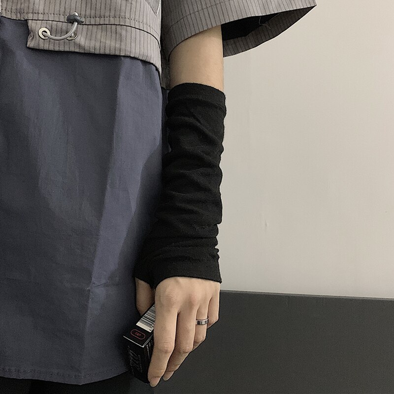 Solid Black Punk Gothic Unisex Fingerless Gloves Cuff Women Men manga Length Mittens Cool Stretch Arm Warmer Hip Hop Rock sleeve