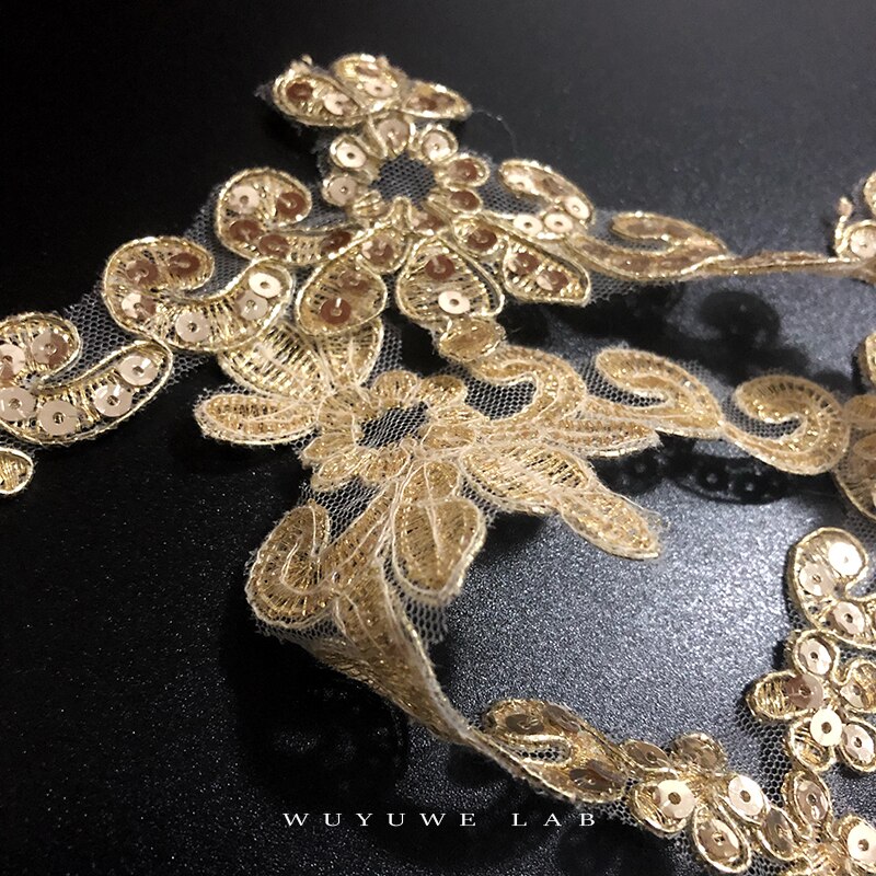2 yards guld pailletter blonder blomst applikation trim kant håndlavet diy materiale bryllup tøj applikation blomst timimg 7.5cm