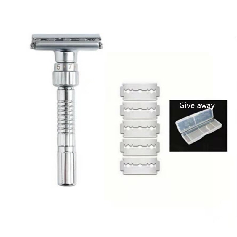 Adjustable Shaving Razor Men Double Edge Safety Razor Blades Mild to Aggressive 1-9 File Hair Removal 5 Blades suit: Product 2-1