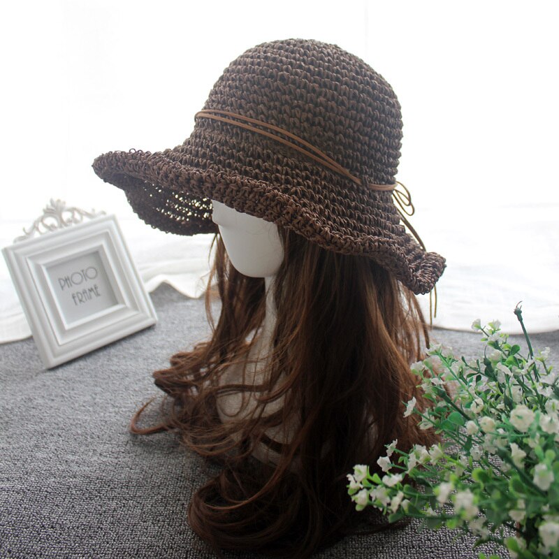 Enkle damer solhat til kvinder bowknot raffia stråhat foldbar sommer hat bred rand strand hat kvinde chapeau femme: Hat dyb kaffe