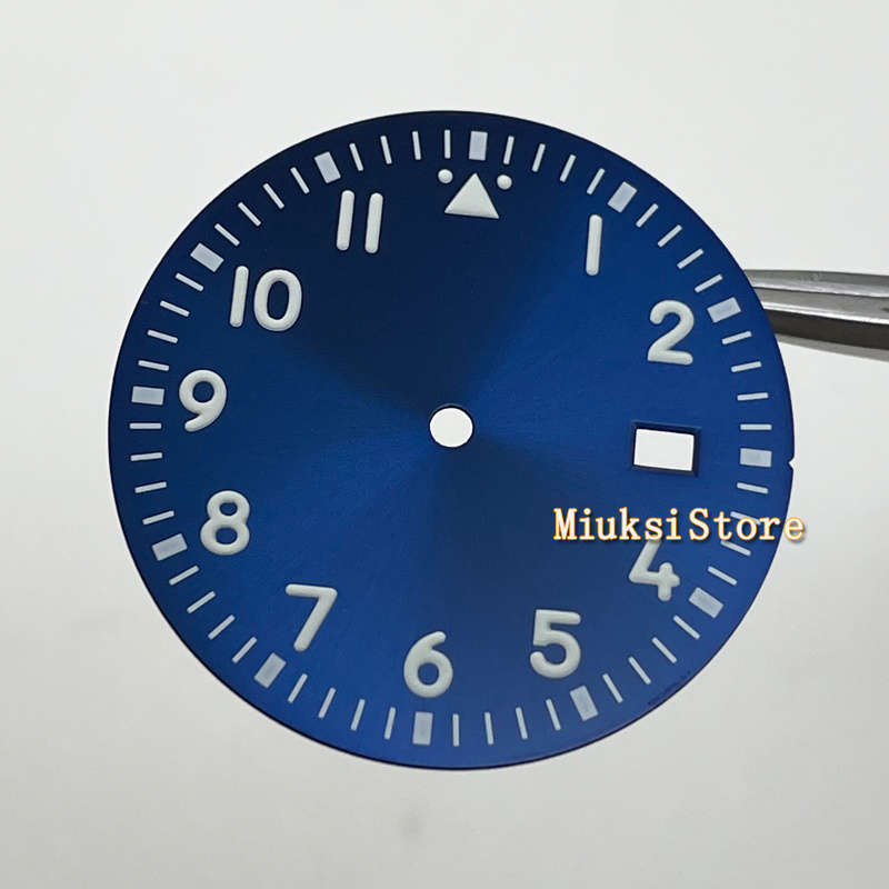 33.8Mm Zilver Kleur Horloge Onderdelen Steriele Sunburst Steel Wijzerplaat Fit NH35 Uurwerk Gezicht Groene Lichtgevende Marks Datum Venster: Blue