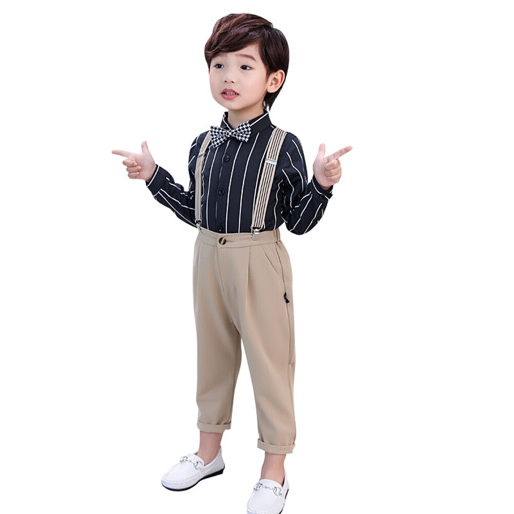LOLANTA-Conjunto de ropa para niños de 2 a 11 años, camisa de vestir con pajarita + Pantalones de tirantes, para boda, cumpleaños: khaki / 10-11 years